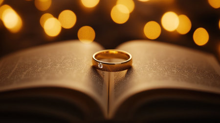 A beautiful gold wedding ring artistically placed on an open book, illuminated by glowing lights. Perfect for themes of love, marriage, and romance.の素材