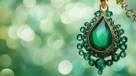 This image showcases a stunning green gemstone pendant, beautifully crafted and highlighted against a glimmering bokeh background, evoking luxury and elegance.の素材