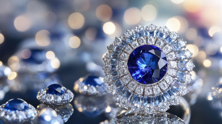 This captivating image showcases a stunning blue gemstone brooch adorned with sparkling diamonds, set against an elegant background of shimmering lights.の素材
