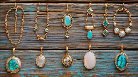 Stunning collection of gold and turquoise jewelry arranged on a rustic wooden surface, highlighting intricate designs and vibrant colors for an elegant appeal.の素材
