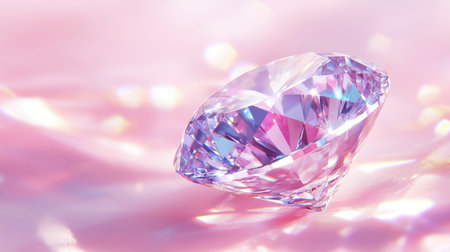 A stunning diamond showcases its brilliance against a soft pink background, creating a dreamy atmosphere with vibrant reflections of light and color.の素材