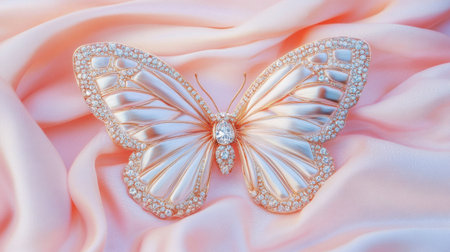 This image features an elegant jeweled butterfly brooch resting on a soft pink silk background, highlighting intricate design and luxurious craftsmanship.の素材