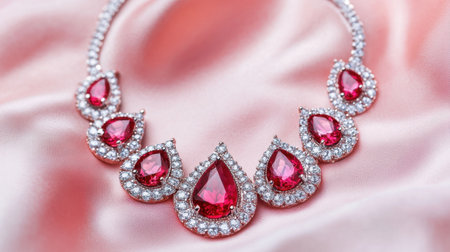 This stunning pink gem necklace showcases exquisite craftsmanship with sparkling diamonds, elegantly draped on soft silk. A perfect choice for fashion lovers.の素材