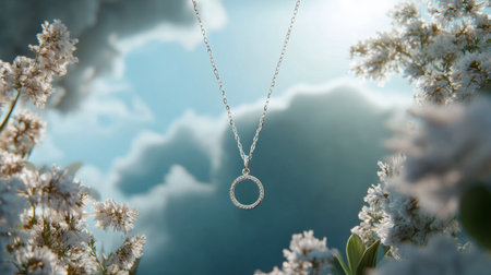 This captivating image features an elegant silver necklace suspended amidst delicate white flowers, set against a beautiful sky. Ideal for jewelry enthusiasts.の素材