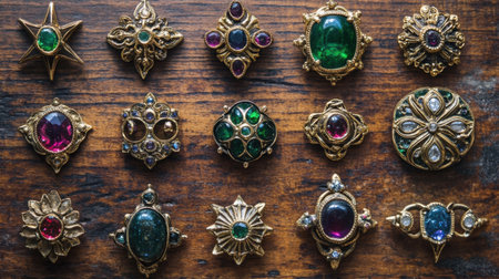 Display of vintage brooches featuring colorful gemstones arranged on a dark wooden surface, showcasing intricate designs and elegant craftsmanship.の素材