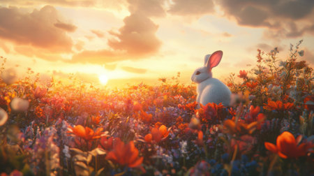 A serene white rabbit sits gracefully amidst a vivid array of blooming wildflowers during a spectacular sunset, creating a peaceful natural scene.の素材
