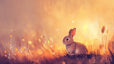 This enchanting illustration features a cute rabbit nestled in a golden meadow during sunset, surrounded by warm bokeh effects and soft light.の素材