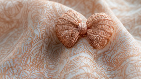 This image features an elegant textured bow placed on luxurious fabric with intricate patterns, showcasing fine craftsmanship and soft peach hues.の素材