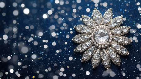 This exquisite silver brooch features sparkling gemstones against a deep blue background, enhanced by soft bokeh lights, creating a glamorous and elegant feel.の素材
