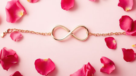 This captivating image features an elegant infinity bracelet resting on a soft pink surface, surrounded by vibrant rose petals, creating a romantic and feminine atmosphere.の素材