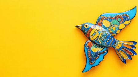 A vibrant, handmade bird sculpture stands out against a bright yellow background, showcasing intricate patterns and colors for creative artwork use.の素材
