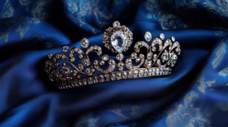 A beautiful gemstone tiara rests elegantly on plush blue satin fabric, showcasing intricate designs and sparkling crystals, perfect for luxury occasions.の素材