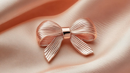 This elegant rose gold bow brooch, resting on soft satin fabric, showcases intricate detailing and shine, perfect for adding a touch of style and luxury.の素材