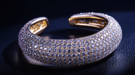This stunning gold cuff bracelet is encrusted with sparkling diamonds, perfect for adding a touch of luxury and elegance to any outfit.の素材