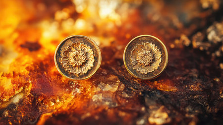 Beautiful bronze earrings featuring an intricate floral design set against a warm, textured background. Ideal for fashion lovers and jewelry collections.の素材