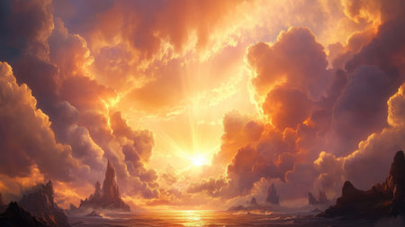 Experience the ethereal beauty of a sunrise illuminating the ocean, with dramatic clouds casting a serene atmosphere over the landscape.の素材