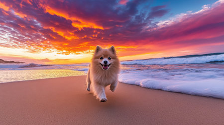A joyful Pomeranian dog runs energetically along the beach, with a stunning sunset painting the sky in vibrant colors, creating a perfect coastal scene.の素材