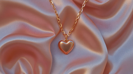 This stunning gold heart necklace rests gracefully on soft pink satin fabric, creating a romantic and elegant visual perfect for various fashion and jewelry themes.の素材