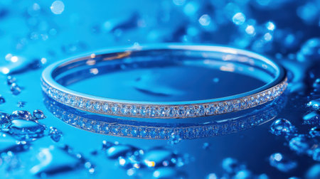 This stunning silver bracelet adorned with sparkling gems rests gracefully on a wet surface. The reflective qualities create a mesmerizing atmosphere, enhancing the vibrant blue backdrop. Perfect for showcasing elegance in jewelry design.の素材