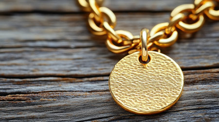 This stunning image showcases a close-up view of a gold necklace featuring a beautifully textured pendant, set against a rustic wooden background.の素材