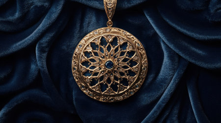 This stunning gold pendant features an intricate floral design, beautifully complemented by a rich velvet background, reflecting luxury and artisanal craftsmanship.の素材
