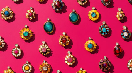 This image features a captivating arrangement of colorful vintage brooches showcasing detailed designs and intricate gemstones on a bright pink surface.の素材