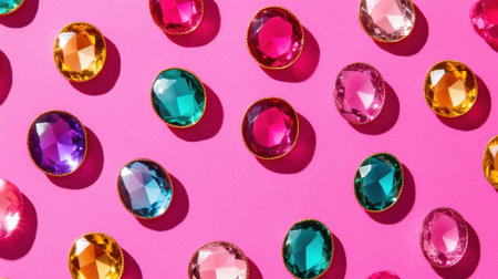 A stunning array of colorful gems arranged on a vibrant pink background, showcasing their shapes and reflections. Perfect for creativity and decoration.の素材