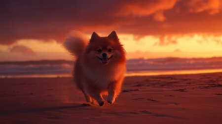 A cheerful Pomeranian dog joyfully runs along the beach during a vibrant sunset, capturing the perfect moment of happiness against a stunning sky.の素材
