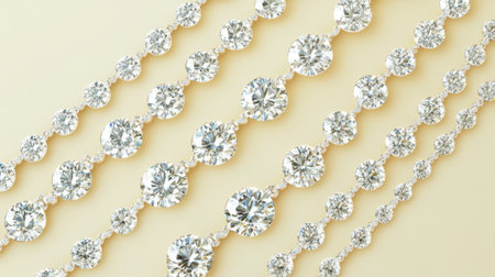 Beautiful arrangement of sparkling diamond necklaces displayed on a soft background, showcasing the brilliance and elegance of luxurious jewelry. Perfect for fashion and lifestyle themes.の素材