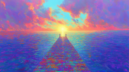 A stunning view of a colorful sunset over calm waters, featuring a pier extending into the horizon, creating a serene and artistic atmosphere.の素材
