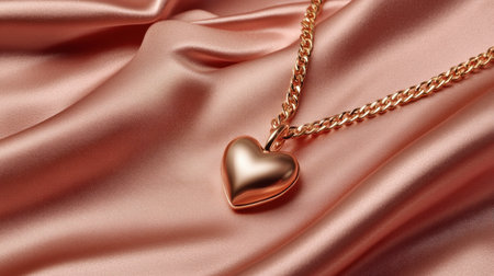 This stunning image features a heart-shaped pendant gracefully resting on soft pink satin fabric, embodying elegance and romance. Perfect for jewelry promotion.の素材
