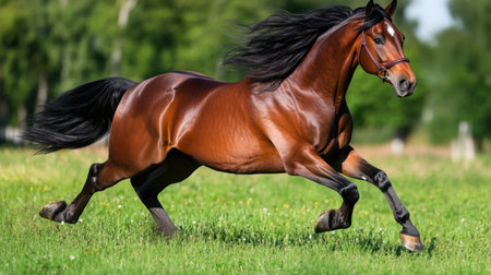 A stunning brown horse gallops gracefully across a lush green field, showcasing its muscular build and flowing mane against a bright blue sky.の素材