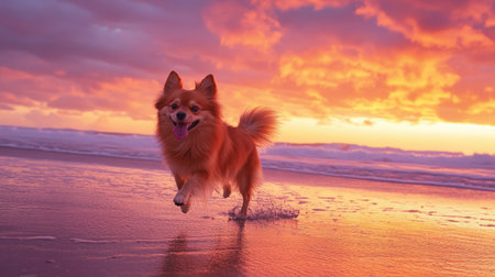 A joyful dog dashes along the shoreline as the vibrant sunset paints the sky in shades of orange and purple, creating a picturesque and playful scene.の素材