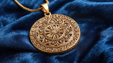 This image features a stunning vintage gold pendant resting elegantly on rich blue velvet fabric, highlighting intricate design and exquisite craftsmanship in jewelry.の素材