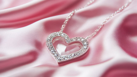 Admire the beauty of an elegant silver heart necklace adorned with sparkling diamonds, perfectly displayed on luxurious pink silk fabric. This stunning piece embodies romance and style.の素材