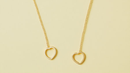 A stunning gold heart necklace on a soft yellow background, perfect for showcasing fashion accessories and jewelry styles in a minimalistic and elegant way.の素材