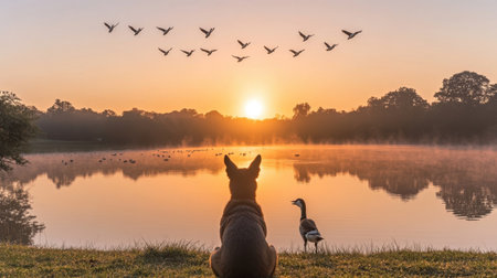 This captivating scene features a dog peacefully observing ducks at sunrise, with birds gracefully flying across the colorful sky above the tranquil lake.の素材