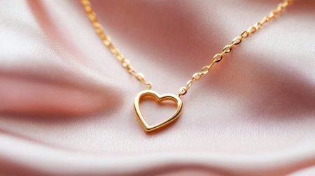 A stunning gold heart necklace rests delicately on soft pink satin fabric, creating an elegant and romantic visual perfect for jewelry displays or fashion promotions.の素材