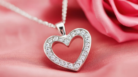 A stunning heart-shaped silver necklace adorned with sparkling cubic zirconia stones, beautifully set against a soft pink fabric backdrop, perfect for romantic occasions.の素材