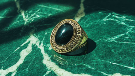 This stunning vintage ring showcases a dark gemstone set in intricate gold detailing, glowing beautifully against a marble surface, emphasizing elegance and artistry.の素材