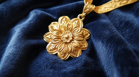 An exquisite gold flower pendant elegantly displayed on a rich blue velvet backdrop. Perfect for showcasing intricate craftsmanship and luxury appeal.の素材