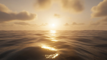 A breathtaking view of a sunset over the ocean, capturing gentle waves reflecting golden light under a soft cloud-filled sky, evoking a sense of peace and tranquility.の素材