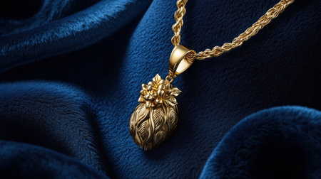 This stunning gold necklace features an intricate floral pendant, placed elegantly on a rich blue velvet background. Perfect for showcasing luxury and style.の素材