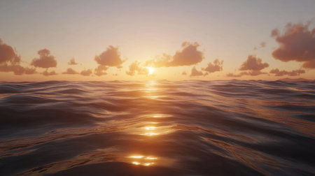 A breathtaking view of the ocean at sunset, featuring gentle waves and soft clouds, with warm sunlight reflecting on the water's surface.の素材