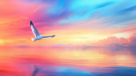 A beautiful scene of a serene sunset illuminating the ocean, with a seagull gracefully soaring against the backdrop of vibrant colors and tranquil waters.の素材