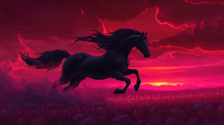 An awe-inspiring scene of a black horse running freely against a stunning sunset backdrop, showcasing vibrant reds and dramatic clouds, evoking feelings of freedom and beauty.の素材
