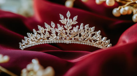 This exquisite silver tiara features sparkling crystals beautifully arranged against a rich red satin background, evoking elegance and beauty, perfect for bridal occasions.の素材