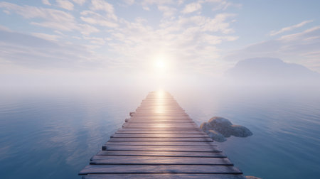 A stunning view of a wooden pier extending into a foggy lake at sunrise, where soft light reflects on the calm waters, creating a peaceful atmosphere.の素材