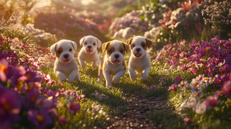 Four joyful puppies run through a vibrant field of colorful flowers, basking in warm sunlight and celebrating the essence of playfulness in nature.の素材