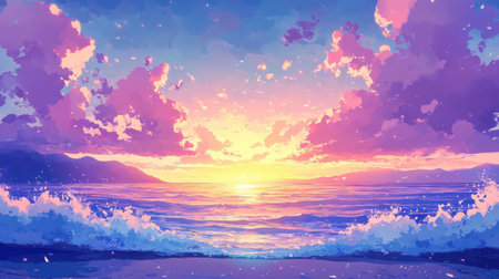 Experience the beauty of a stunning ocean sunset. Vibrant colors blend seamlessly in the sky while soft waves kiss the shore, creating a tranquil scene.の素材